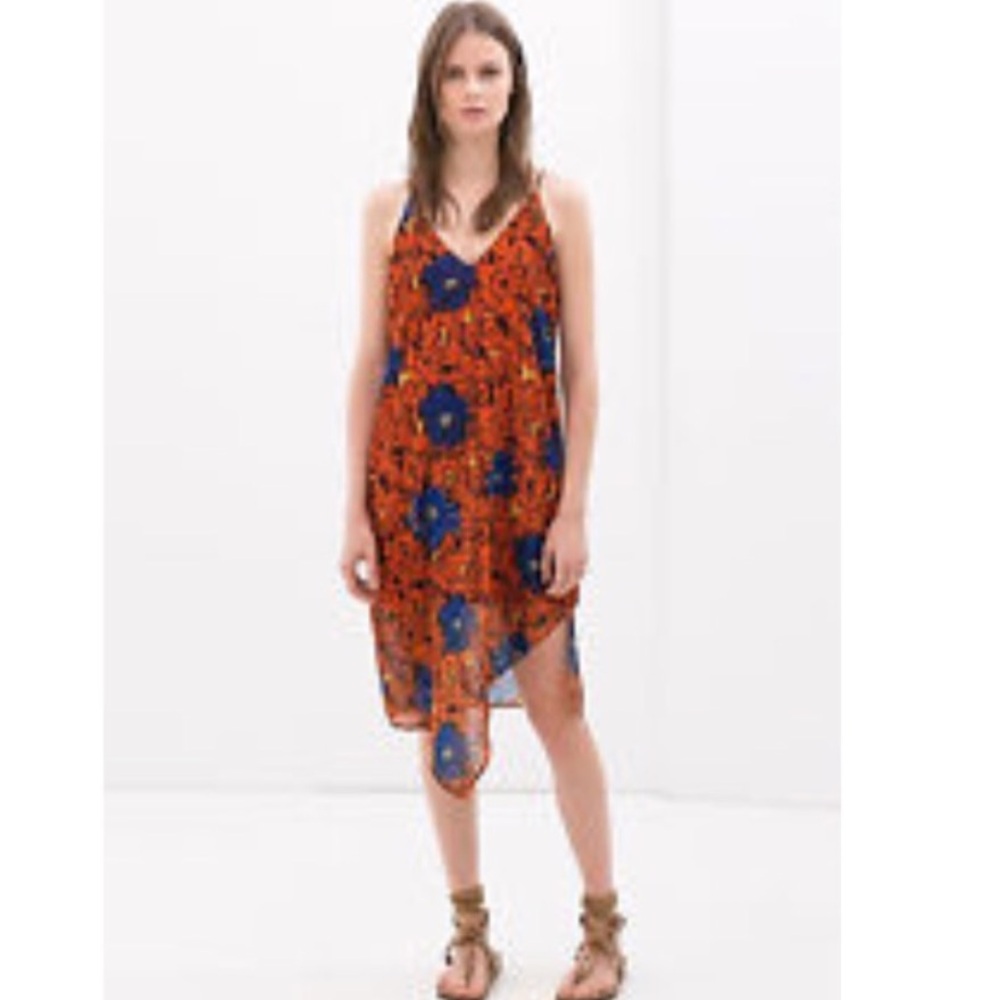 Zara Orange Floral Midi Dress with Blue Accents